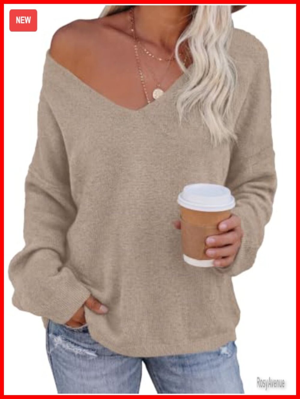 BTFBM Women's V Neck Loose Knit Pullover Sweater Long Sleeve Casual Fall Top
